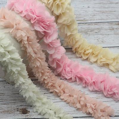 China Handmade Chiffon Group Flowers Lace Up Dress Decoration, Chiffon Flower Lace Trim For Garment Accessories for sale