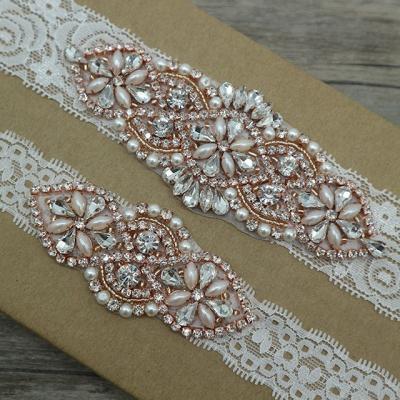 China Polyester Rose Gold Applique Wedding Garter Set, Pearl Rhinestone Embellishment Bridal Garters for sale