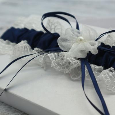 China Polyester Navy Blue Ribbon Garter with Lace, Beautiful Pearl Organza Flower Elastic Wedding Garter Set for sale