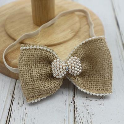 China European and American style new design burlap bow headband for babies, pearl bow embellished thin fabric bow headbands little ones for sale