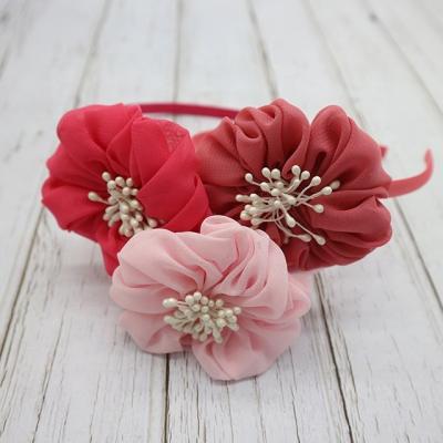 China European and American style chiffon flower children's handmade headbands, kids hair accessories white pearls center plastic headbands for sale