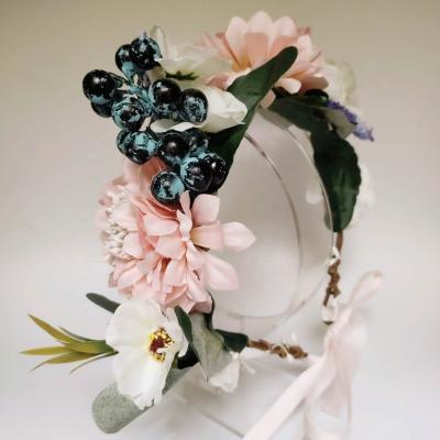 China Vintage Light Pink and Purple Flower Wreath Headband, Spring Wedding Floral Headband Bridal Hair Garland for sale