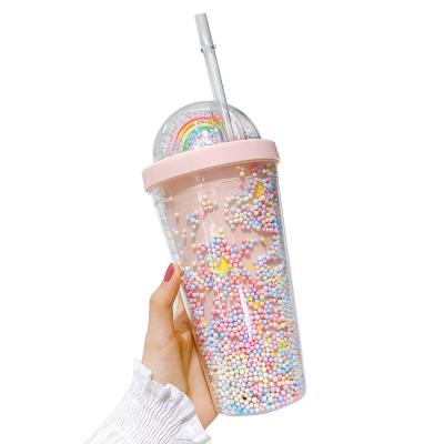 China Creativity Rainbow Fashion DOUBLE WALL Juice Water Cup Student Plastic Milk Tea Cups With Straw for sale