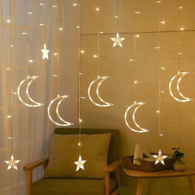 China Outdoor Decoration Ramadan Twinkle 138 LED Moon Star Lamp String Window Curtain Light for Wedding Party Christmas Decoration for sale