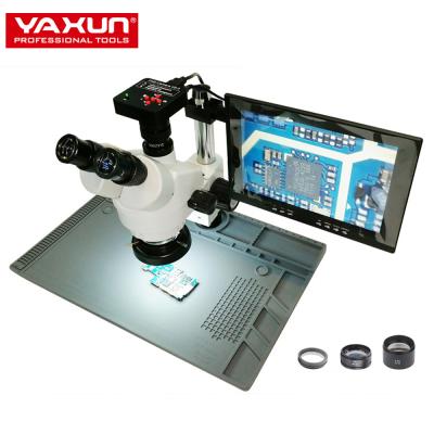 China High definition 3.5x--90x zoom YAXUN AK33 trinocular microscope set, 41MP FHD camera with 48 by 32 large base, with 10 inch 1080p LCD monitor for sale