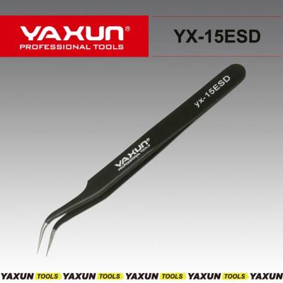 China YAXUN 15 ESD stainless steel electronic staniless steel tweezers mobile repair curved tweezers for sale