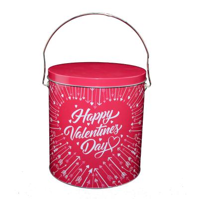 China Recyclable Custom Food Grade Metal Round Biscuit Cookie Packaging Tin Box Popcorn Tin Bucket With Handle And Lid for sale