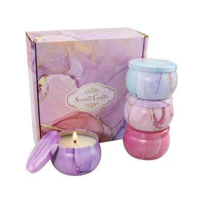 China Home Decoration Worry Reducer Soy Wax Candle Water Color Marble Printing Candle Luxury Scented Gift Set for sale