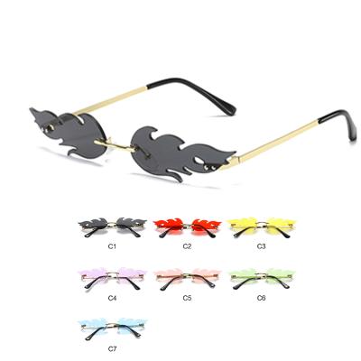 China USA warehouse shipping spot metal fire shape colorful women sunglasses party fire flame rimless sunglasses for sale