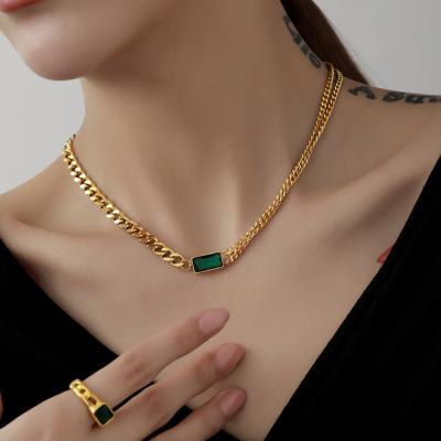 China TRENDY Gold Plated Stainless Steel Necklace For Women Adjust Gem Collarbone Green Jewelry Elegant Luxury Design And Accessories Female for sale