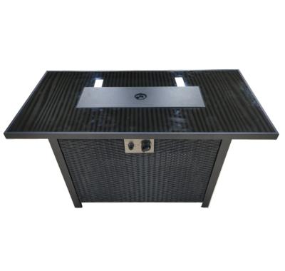 China 44 Inch Brown Pit Table Aluminum Wicker Outdoor Patio Gas Fire with 50000 Btu Heat Aluminum Table Top Wind Glass Guard for sale