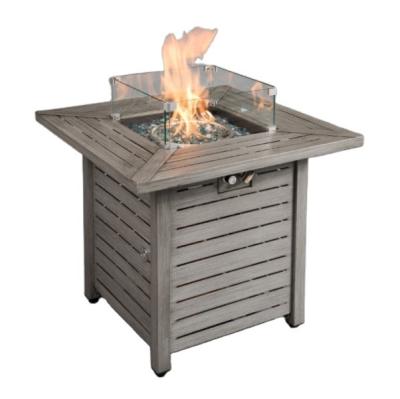 China Aluminum Square Wood Grain Brushed Iron Gas Oven Gas Fire Pit Table With Pure Outdoor Volcanic Stone And Cover for sale