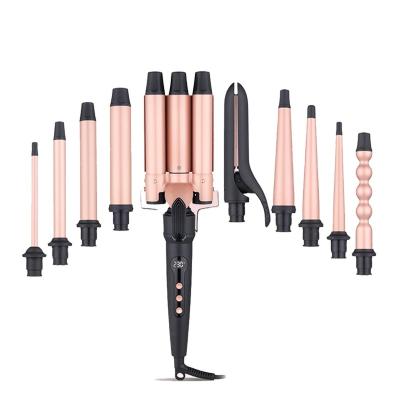 China infrared & Ionic Function 10 in 1 Interchangeable Multifunctional Styler Big Wave Maker 3 Barrel Curling Iron Set Hair To Wave Hair Curler Pink for sale