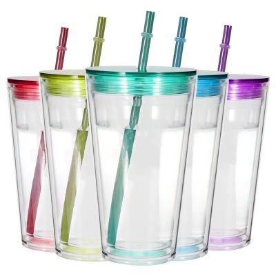 China 500ml 750ml Large Sustainable Capacity Customized Clear Plastic Double Tumbler With Straw for sale