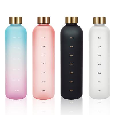 China Eco-Friendly Tritan Water Bottles Gold Plastic Cute Water Bottles Viable Lid 1 Liter Water Bottle With Time To Drink for sale