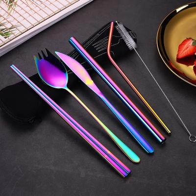 China Disposable Reusable Spoons Forks Chopsticks Stainless Steel Cutlery Set With Straw And Cleaning for sale