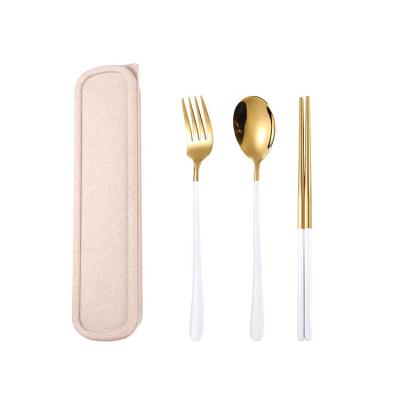 China 3pc Disposable Stainless Steel Spoon and Personal Fork and Chopstick Set with Box Korean Cutlery Set for sale