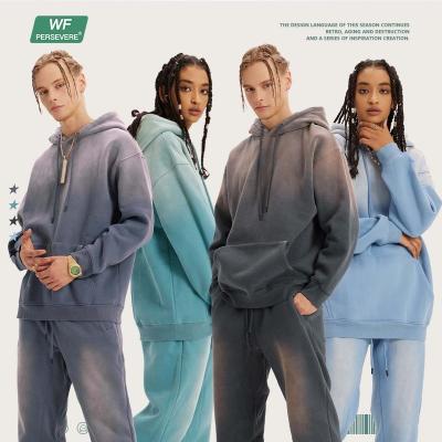 China Anti-wrinkle WF| 2022 Retro Gradient Color Fleece Hoodie Set Couples Unisex Tracksuit Hoodies And Sweatpants Set for sale