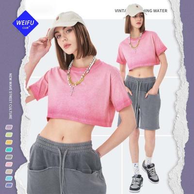 China Anti-wrinkle WF| High Quality Women's Cotton Crop Top Gradual Change Washed Empty Shorts Sleeves Crop T-shirts for sale