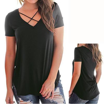 China Anti-wrinkle summer blouses women new tops shirts ladies V-neck solid color T-shirt plus size for sale