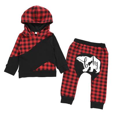 China Antibacterial 2PC Set Toddler Children Baby Outfits Red Christmas Grid Checker Outfit Clothes Winter Set for sale