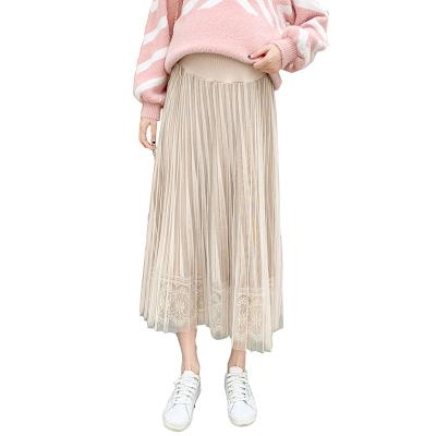 China New Arrival 100% Elegant Contrast Lace Mesh Overlay Pleated Skirt Spring Autumn High Waist Colorblock Polyester Anti-static Long Skirt for sale