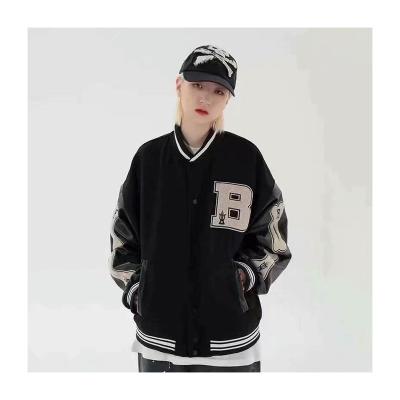 China Breathable high quality flocking printed PU leather uniform jacket for men and women stitching baseball jacket for sale