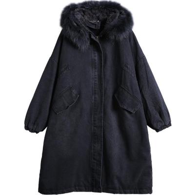 China New Sale Winter Anti-wrinkle Loose Mid Length Thickening Women's Fur Collar Coat Large Fur Collar Fashionable Warm Denim for sale