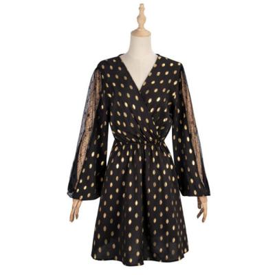 China Viable Women Party Gold DOT Print Puff Sleeve Ladies V-Neckline Long Dresses for sale