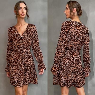 China European Dress Sustainable Autumn New Short Sleeve V-Neckline And American Long With Lace Leopard Skirt for sale