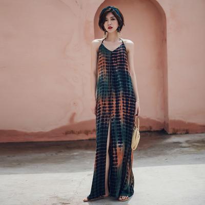 China Long Beach Slit Skirt Long Vacation Tie Dyed Neck Dress Hanging Backless Skirt Female for sale