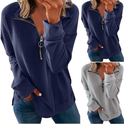 China Viable Solid Color Women's Big Long Sleeve T-Shirt Loose Top Zipper V-Neck Women's Sweater for sale