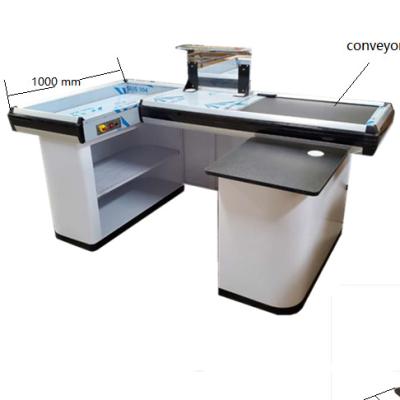 China Full Automatic Checkout Supermarket Counter Stainless Steel Electric Cash Register Counter With Conveyor Belt for sale