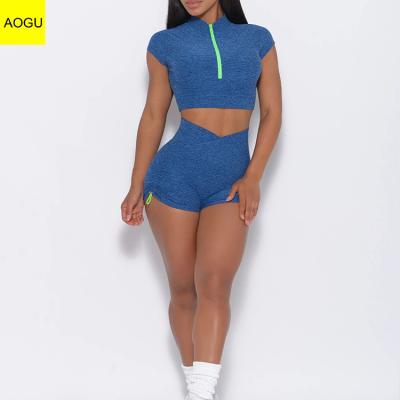 China Aogu Breathable Nylon Spandex Cross Shorts Crop Top Zipper T-shirt Yoga Wear Set For Women for sale