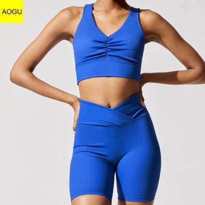 China AOGU 2 Piece Ribbed Yoga Sports Bra V Waist Breathable Blue Biker Shorts Sets Fitness Women for sale