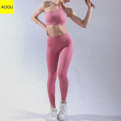 China ACTIVE Logo Fitness One Shoulder Sports Custom Bra STRETCH Waist Gaiters High Waisted Women Yoga Set for sale