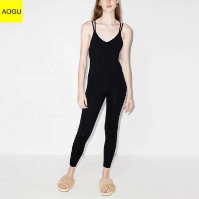 China AOGU Breathable Black Jumpsuit V-Neck Spaghetti Straps Women Open Backless Jumpsuit for sale