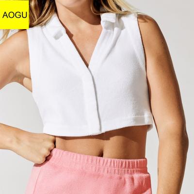 China AOGU Sportswear Breathable V-Neck Crop Top White Sports Running Women's Tank Top for sale