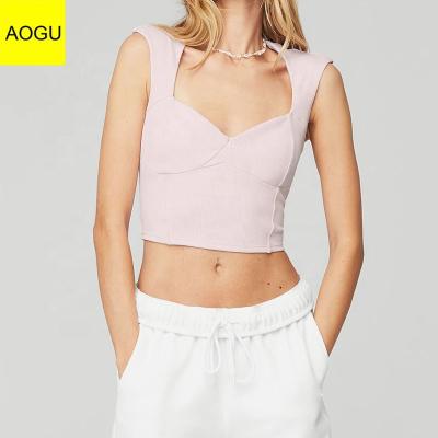 China Wholesale AOGU Slim Fit Crop Ribbed V-Neck Top Women Breathable Sleeveless Tank Top for sale