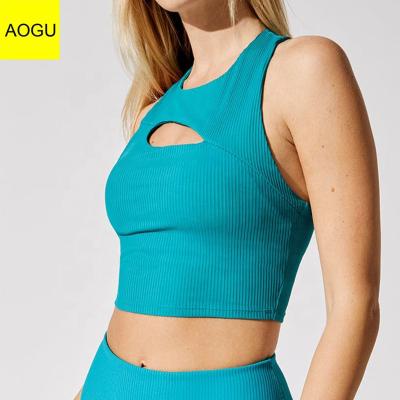 China AOGU Women's Hole Breathable Tank Top Ribbed High Print Front Round Neck Crop Top for sale