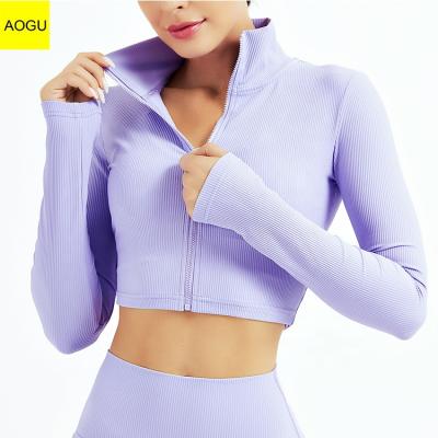 China ACTIVE STRETCH Aogu Support Collar Sports Yoga Zipper Tight Top Women Ribbed Long Sleeve for sale