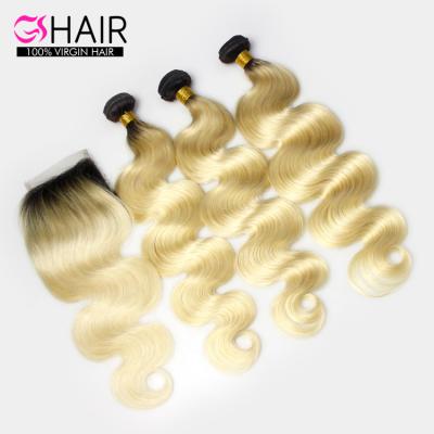 China Can be dyed with & #613; ironed & & 100% darkroot body # virgin blonde 3 wave bleached curly brazilian hair weave 613 human ombre bundles with closure for sale