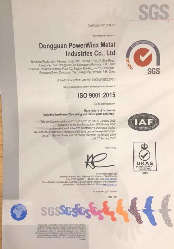 ISO9001 - Dongguan Powerwinx Metal Industries Co., Ltd.