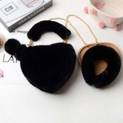 China Lady Wholesale Sweet Cute Fur Headband Winter Love Heart Shaped Handbag Two Pieces Set For Women And Girls for sale