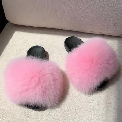 China 2020 fashion trend real sale solid color fox fur warm slippers for woman for sale