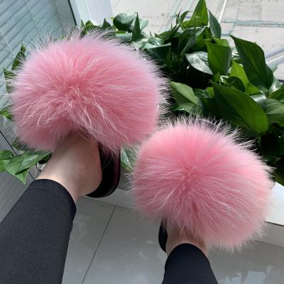 China Fashion Trend Shipping Fox Fur Outdoor Slides Within 24 Hours Wholesale Price Real Fur Raccoon Plush Slippers Soft Quick Fur Slipper For Women for sale