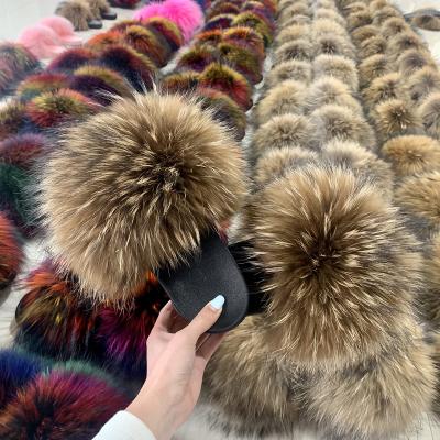 China Fashion trend China manufacture high quality real raccoon fur slippers fashion furry slides shoes for women for sale