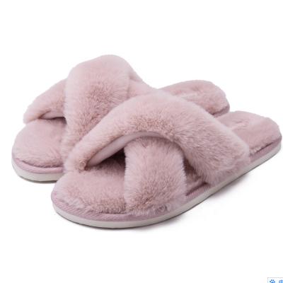 China Lightweight Winter Home Slippers Shoes Hairy Fur Toe Slides Women Warm Faux Fur Cross Soft Plush Female Open Slippers Ladies for sale