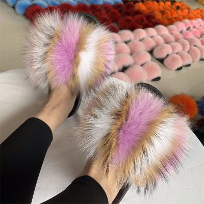 China Fashion Trend Colorfurl Fox Toe Raccoon Fur Open Toe Slides Real Fox Fur Fluffy Hairy Slippers For Women for sale