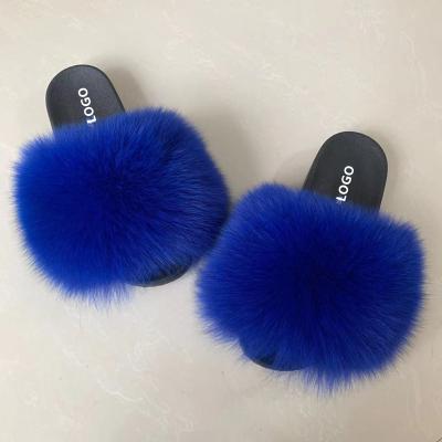 China 2021 fashion trend high quality designer fur slips real big custom logo fox fur raccoon fur slippers for women for sale